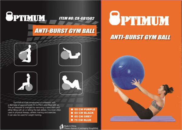 GYM BALL 65CM (ΜΠΛΕ) ANTI-BURST 1100GR OPTIMUM - Image 2